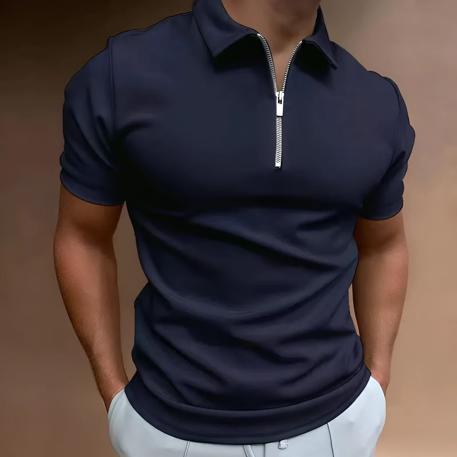 Men's short sleeve polo shirt with a digital print pattern, shown in a loose casual fit.