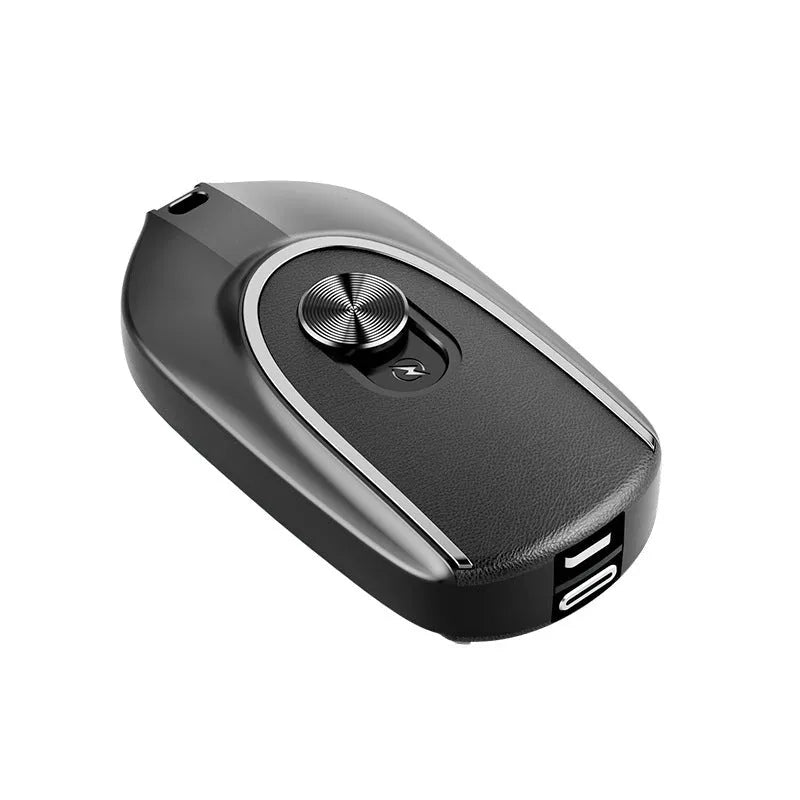 Black mini keychain power bank with Type-C and iPhone outputs, 1200mAh, hanging buckle, 71 x 19.5 x 38mm
