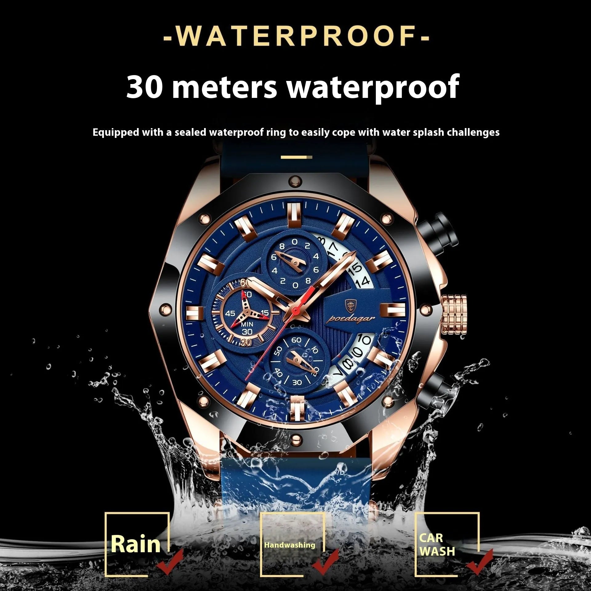 Men's sports chronograph watch with a diamond-shaped dial on a silicone strap, shown in rose gold and blue colour option.