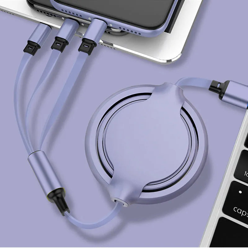 Three-in-one liquid silicone fast charging cable with aluminium alloy connectors, 1.2m length, in five colours.