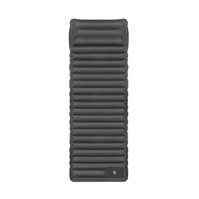 Inflatable camping mattress showing waterproof 40D nylon TPU material and included inflation pump