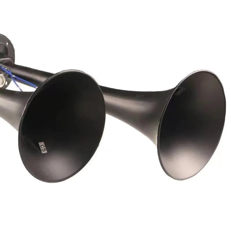 Black dual-trumpet air horn and compressor kit for 12V and 24V vehicles