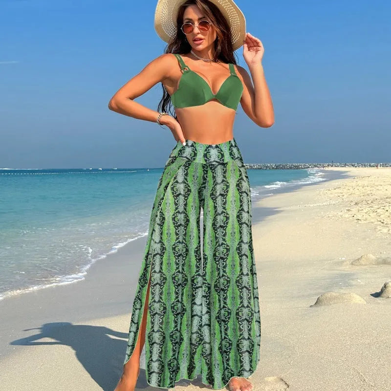 Women's three-piece bikini swimsuit set in quick-dry polyester fabric with multiple pattern options