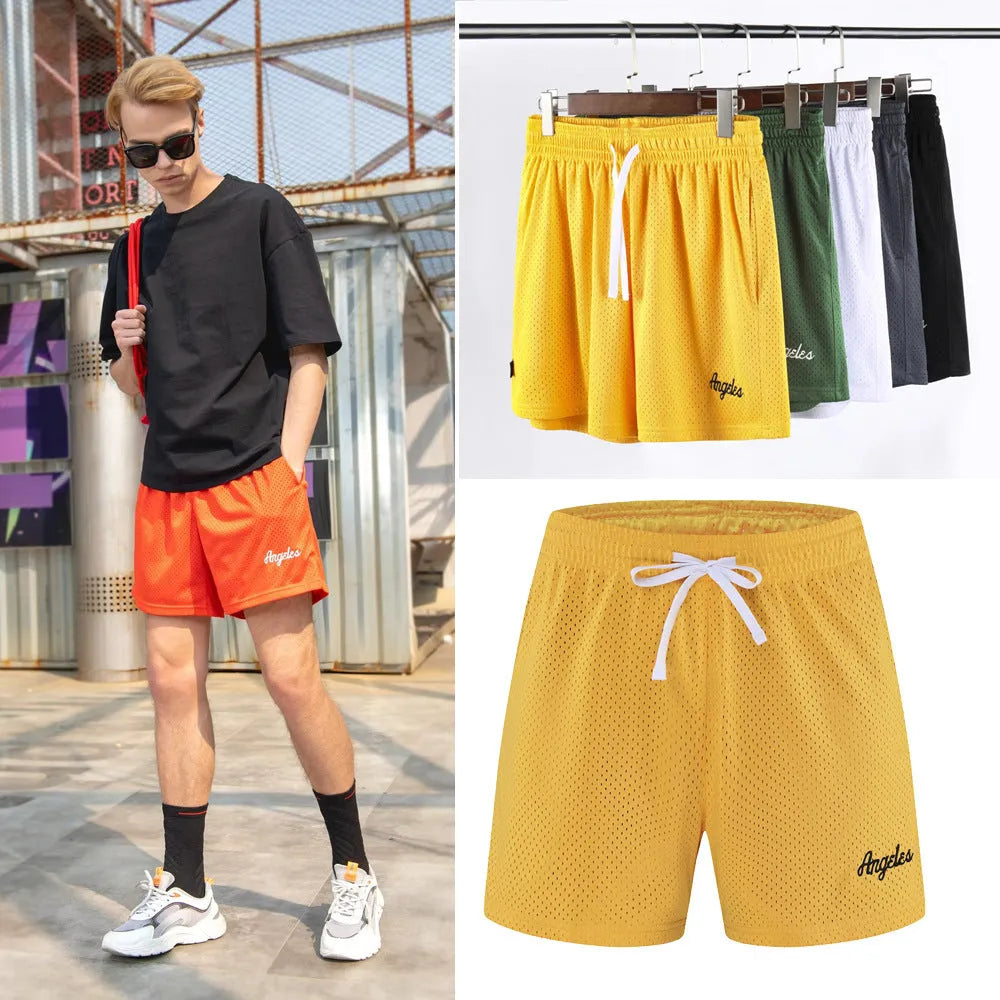 Men's black double-layer mesh sports shorts laid flat, showing the mesh fabric detail and stitching.