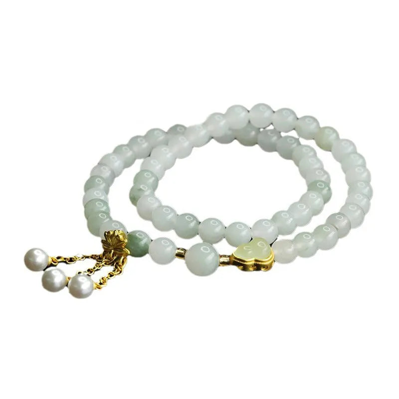 Jade double ring bracelet for women hand-woven Tianshan Cui 6mm beads geometric national style gourd lotus design