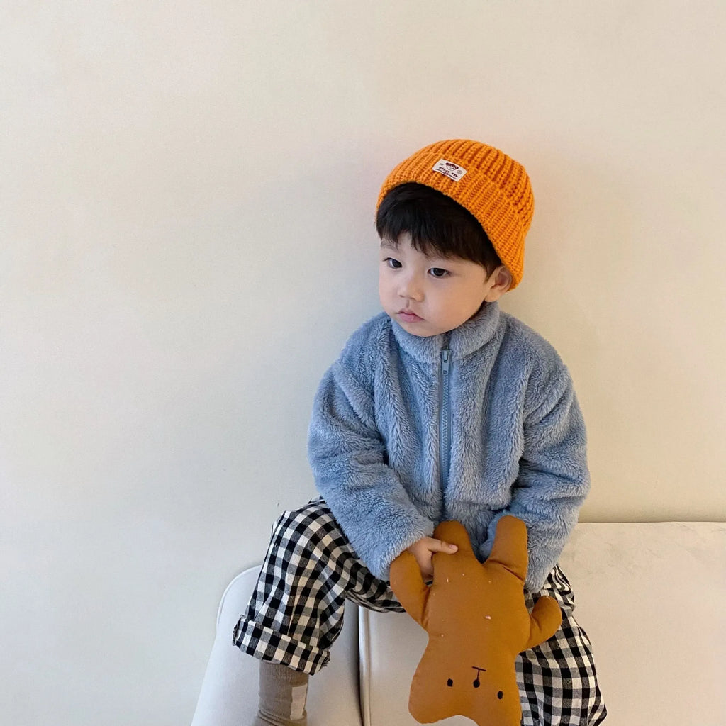 Blue kids sherpa fleece winter coat with full-zip front and standing collar