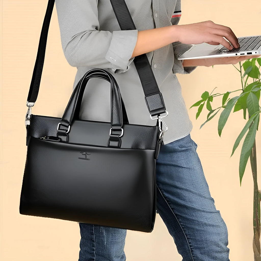 Black and brown PU leather men's messenger bag with splicing design, shown with crossbody strap.