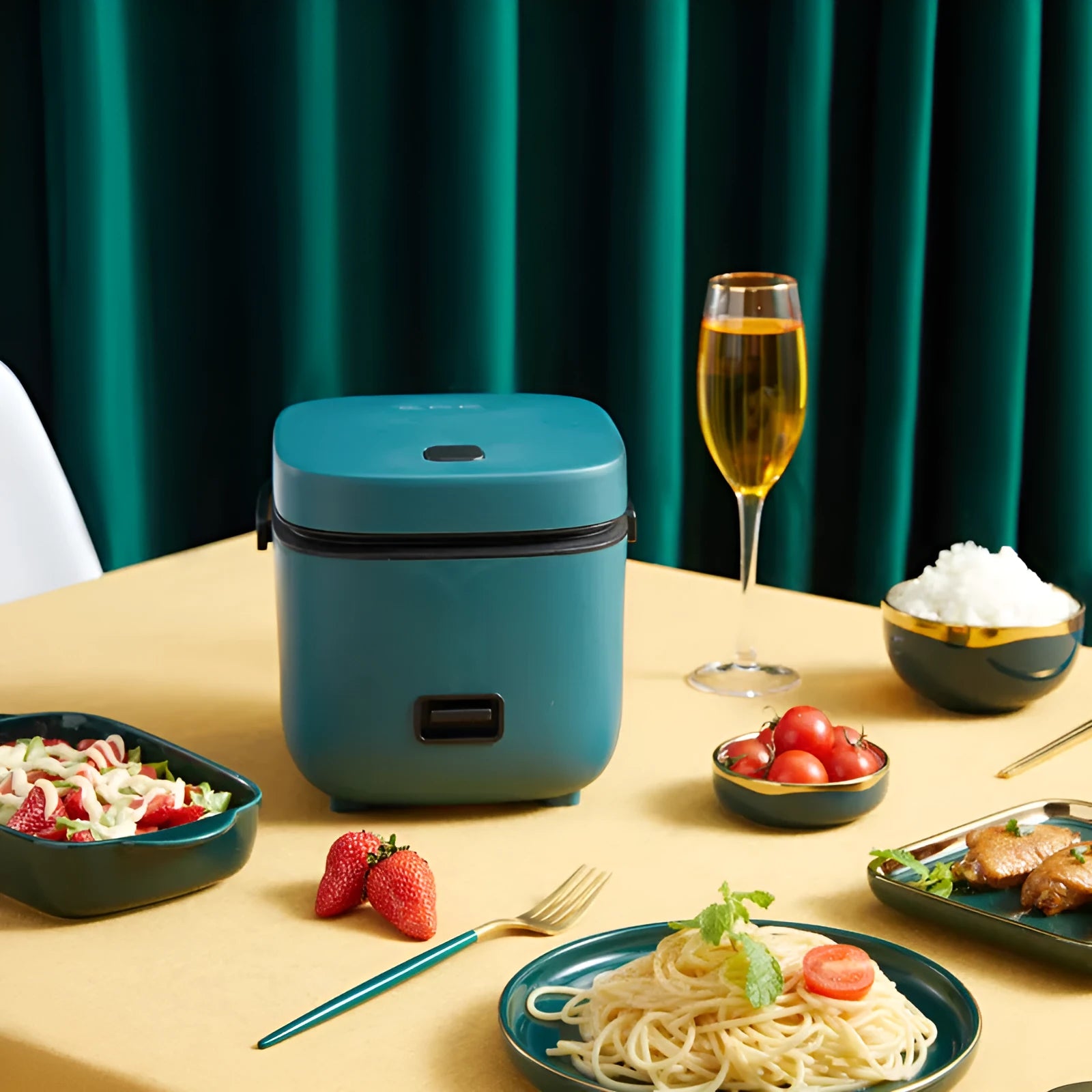 Green mini rice cooker 1.2L with steaming plate, rice spoon and measuring cup on countertop