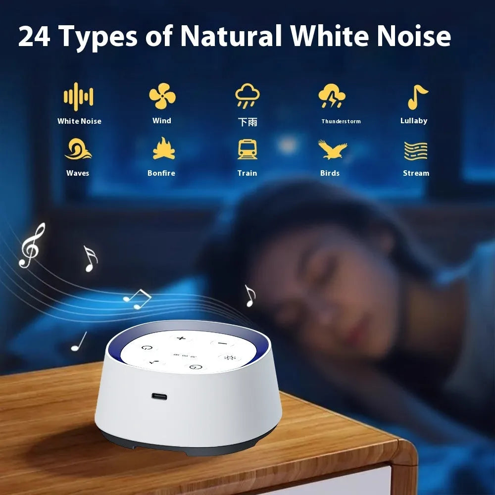 White rechargeable baby night light with 24 soothing music tracks, crying induction, and timing function.