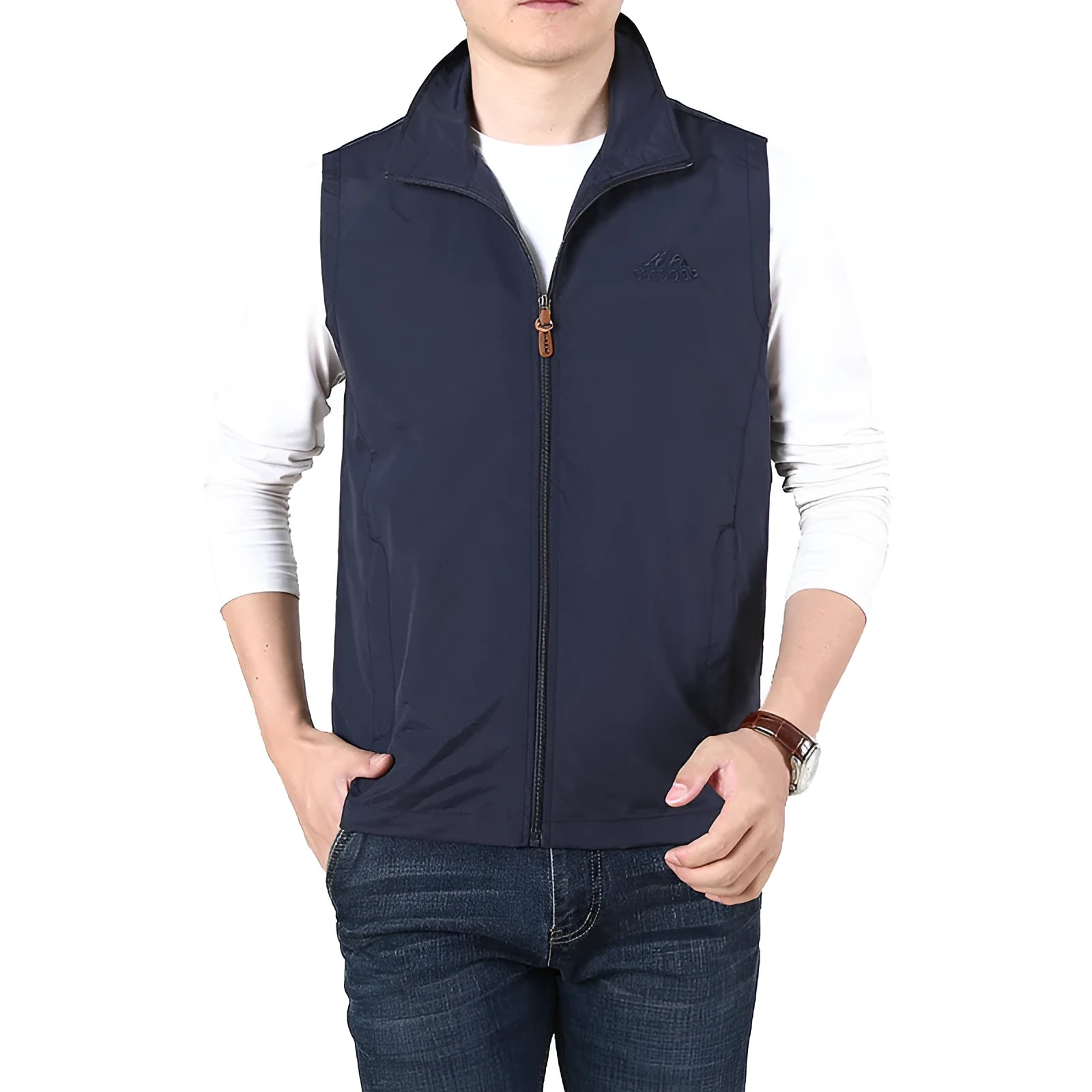 Men's thin loose-fit casual waistcoat vest in a chemical fibre blend with side pockets.