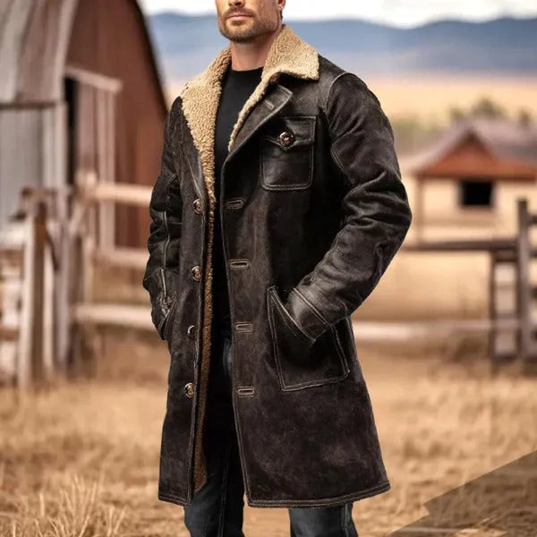 Men's vintage dark brown suede jacket with long sleeves and polyester lining, front view, on plain background.