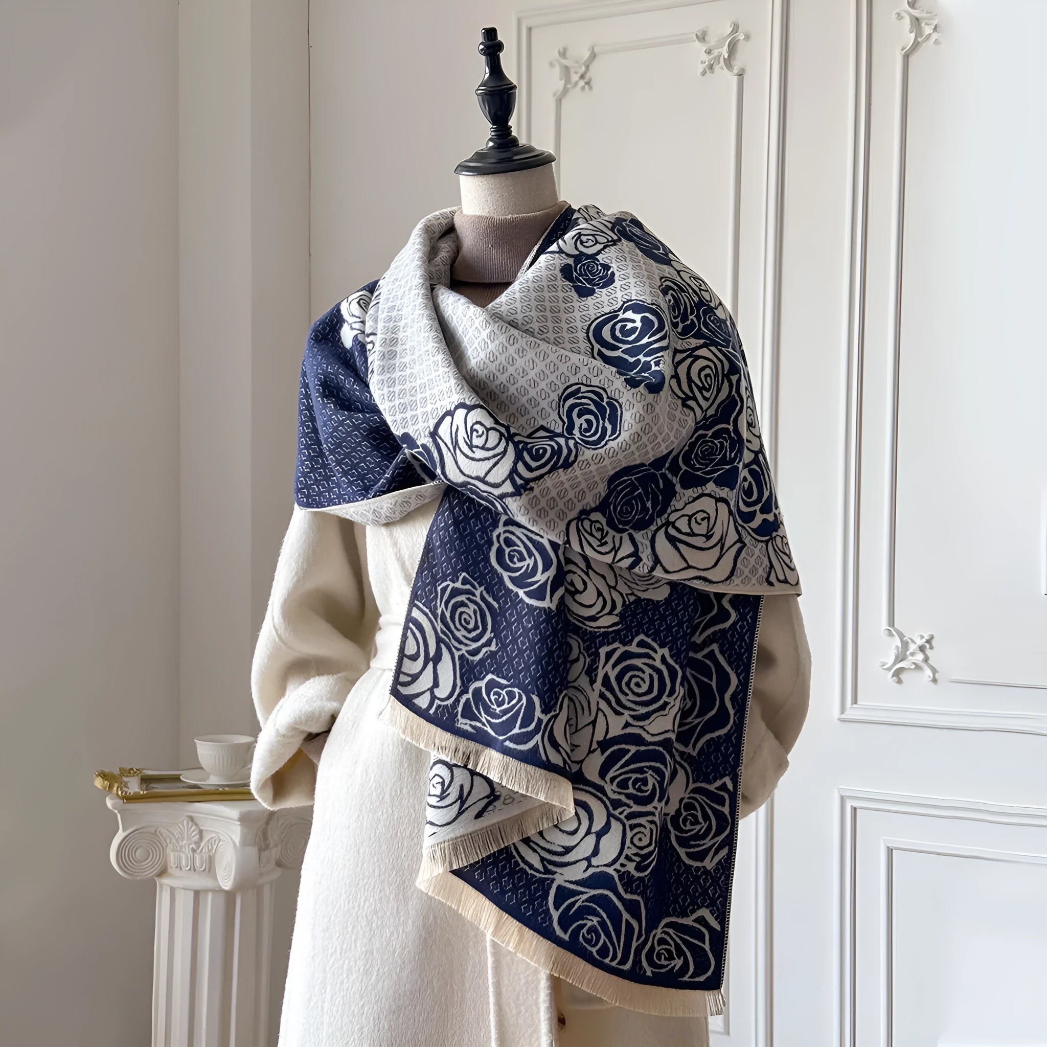 Cashmere-like winter scarf 185x65cm in grey black blue khaki colours with tassel detailing