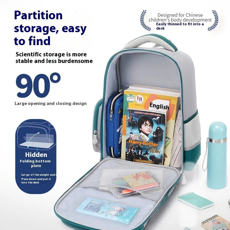 Children's waterproof canvas school backpack in solid colour with curved shoulder straps and spine protection