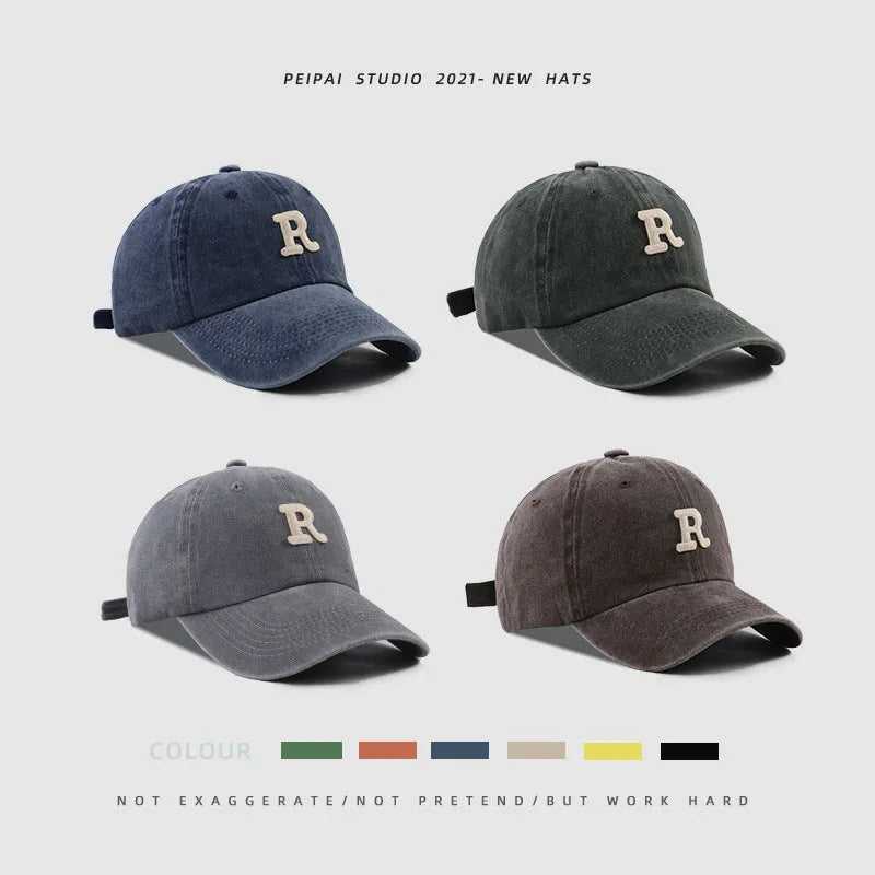 Washed Letter R stick ball cap in cotton with dome crown, adjustable L size 54-60cm