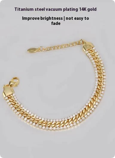 Gold hip hop style unisex tennis bracelet made from titanium steel with gemstone inlays.