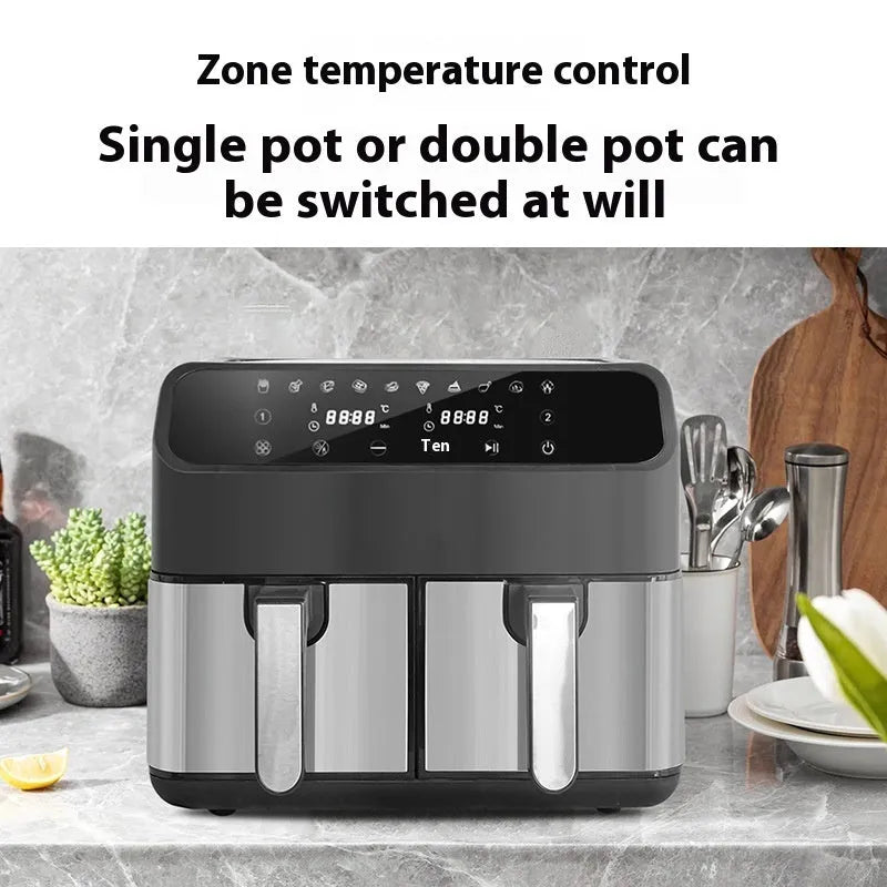 Stainless steel 8L double pot air fryer with UK plug, black controls and non-stick baskets on a kitchen counter
