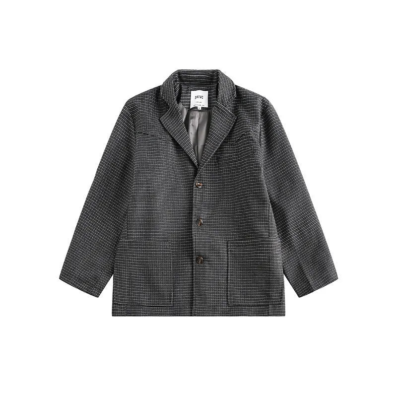 Men's casual loose plaid suit jacket in gray, front view, with polyester fabric and button closure.