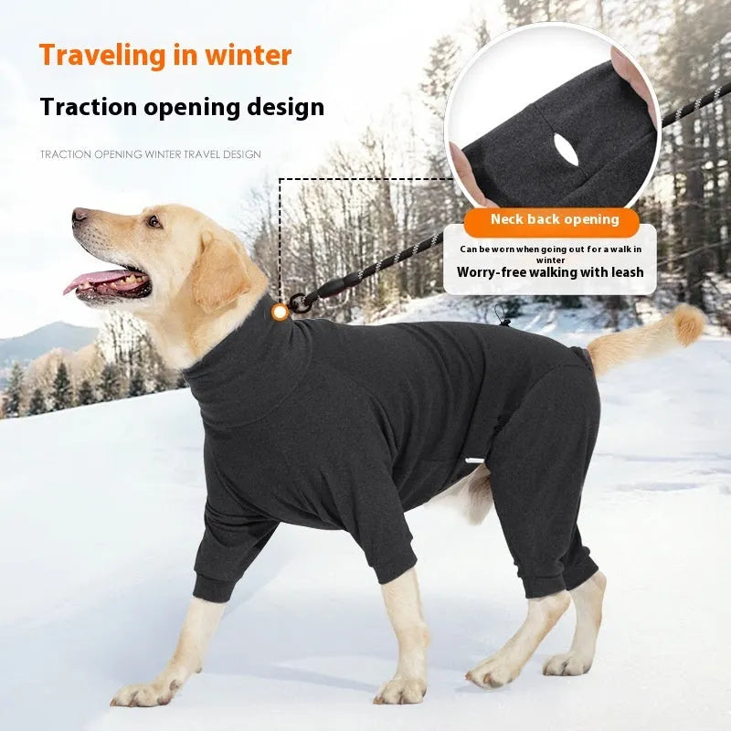 Dark grey polar fleece dog clothes with four-legged design and high collar
