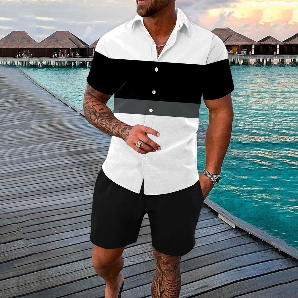 Men's summer cardigan lapels shirt outfit with colour-matching pattern in ZC-7801 style, polyester fabric, multiple sizes available