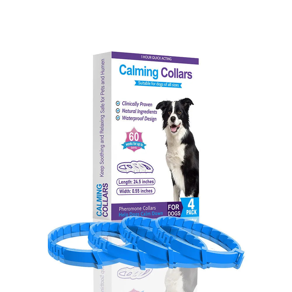 Pack of four solid-colour TPR dog calming collars with buckles, shown in assorted colours.