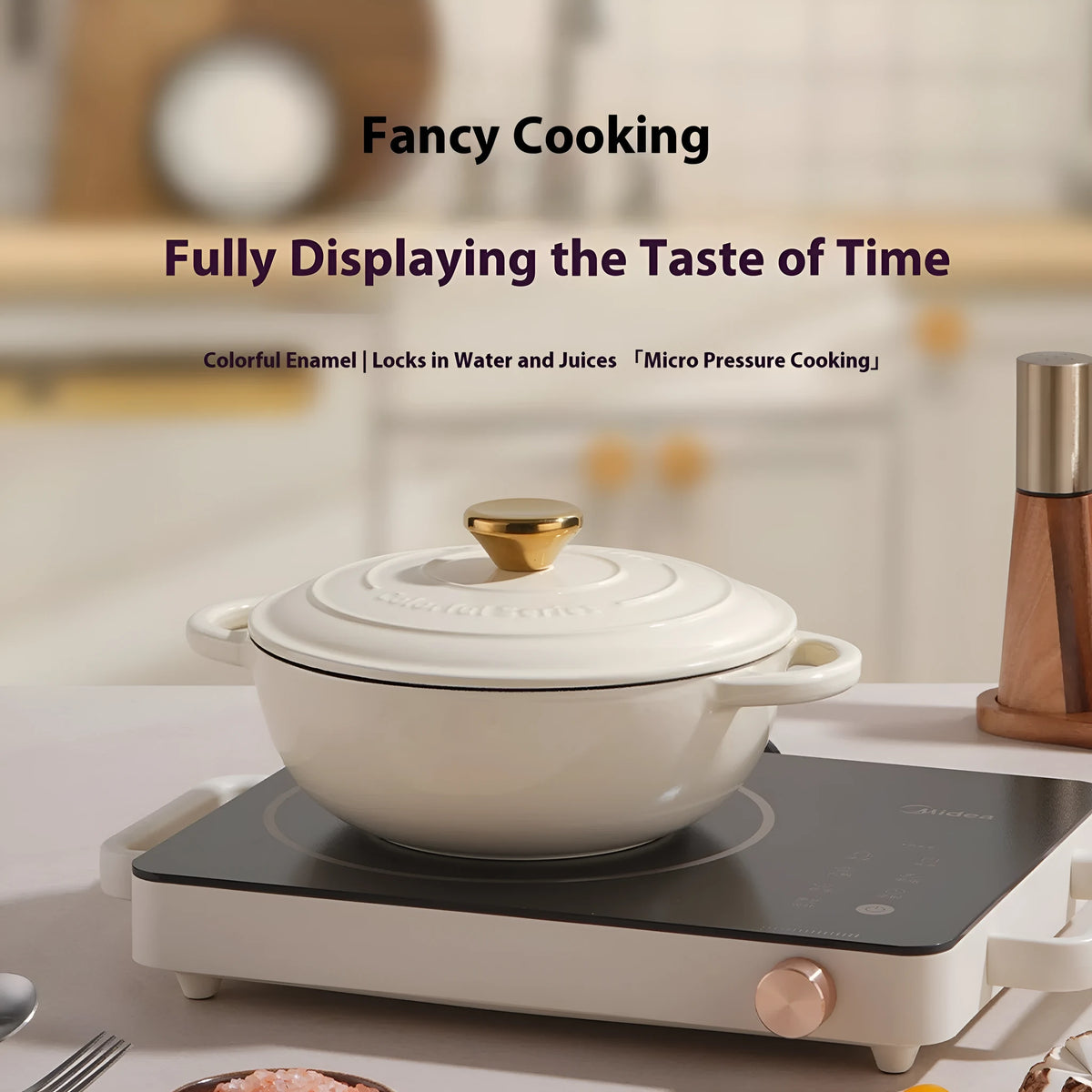 Cream white cast iron soup stew pot with lid, 24cm, uncoated interior, enamel finish