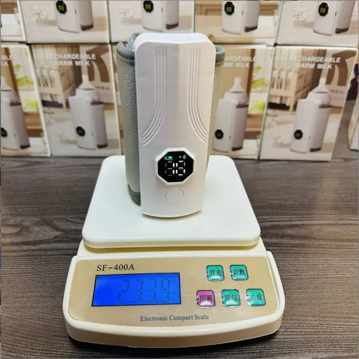 Grey and white car charger electric milk warmer with PU leather finish.