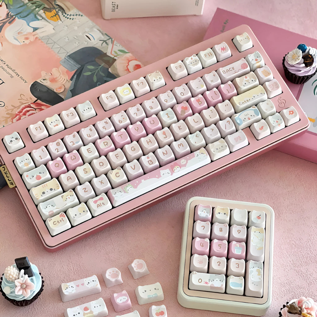 Meow Meow Team themed mechanical keyboard keycap set with 141 PBT keys featuring colourful anime character designs