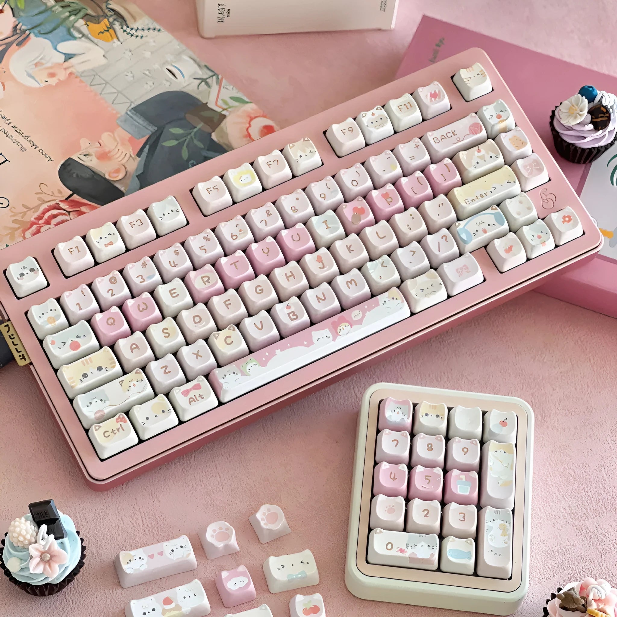 Meow Meow Team themed mechanical keyboard keycap set with 141 PBT keys featuring colourful anime character designs