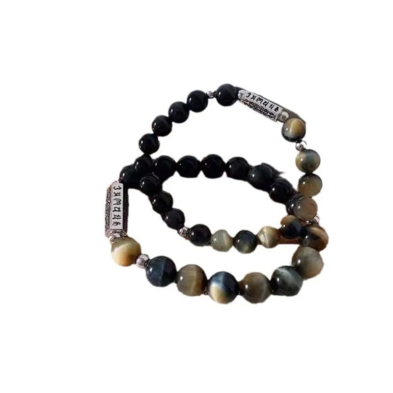Tigereye Obsidian stone and sterling silver bracelet with geometric round beads and mantra engraving