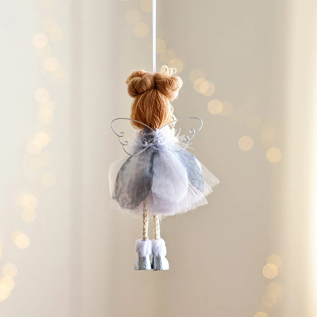 White Christmas tree angel girl hanging ornament with snowflake design and mixed material construction