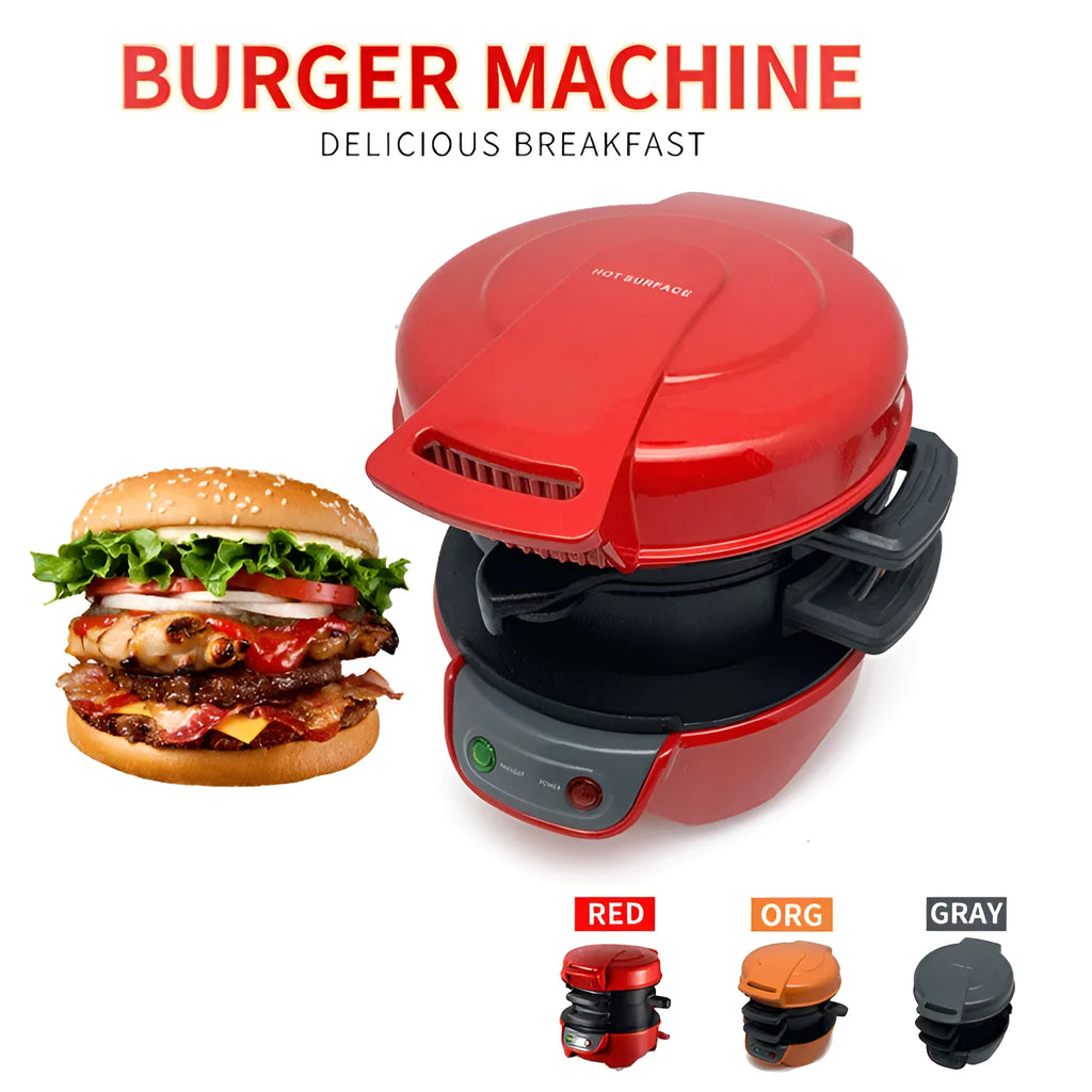 Household breakfast machine with egg cooker ring and sandwich maker in red orange grey colours