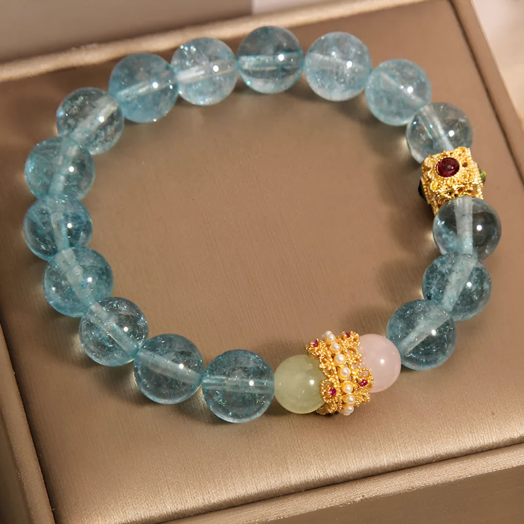 Blue cubic sugar crystal bracelet with Chinese style design and flexible ring