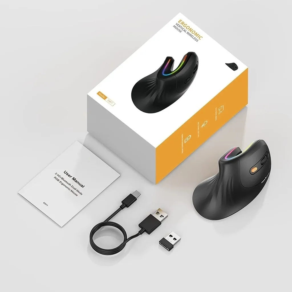 Black vertical ergonomic Bluetooth mouse with RGB lighting on office desk