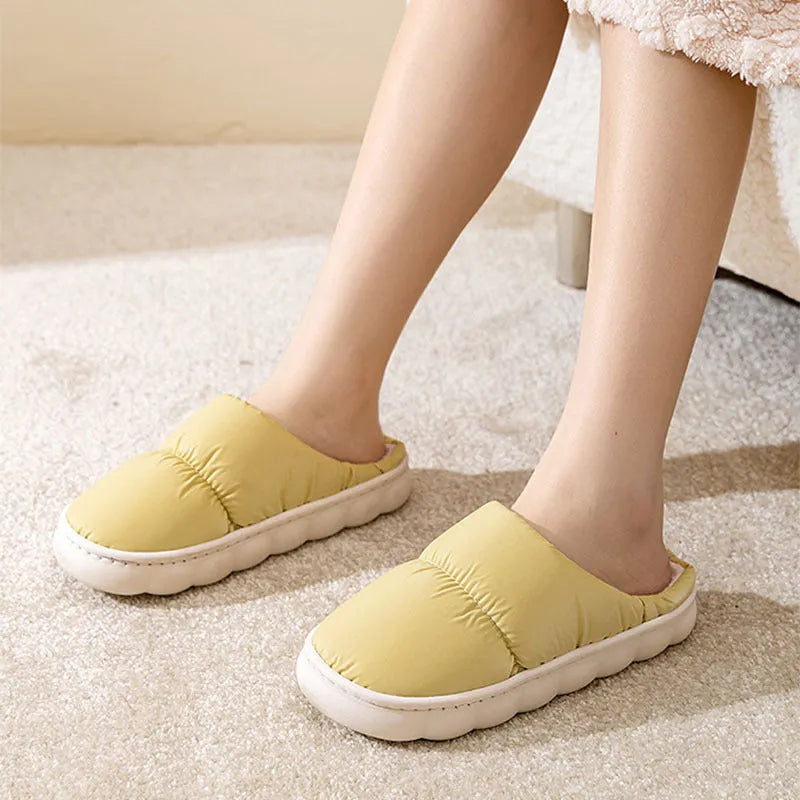 Artificial leather and rubber house slippers with thick sole and plush lining in blue, green, grey, pink or yellow