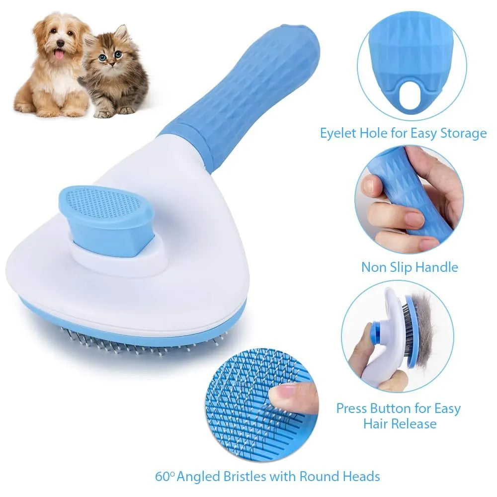 Blue cat grooming brush with release button for removing loose fur on indoor cats