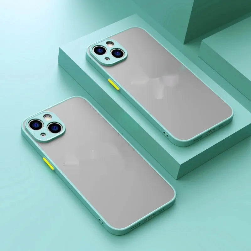 Frosted magnetic iPhone case for MagSafe charging on a table, showing colour options.