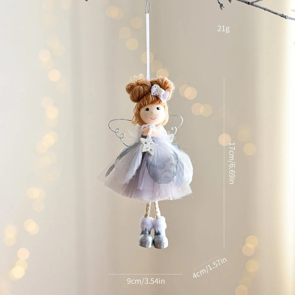 White Christmas tree angel girl hanging ornament with snowflake design and mixed material construction