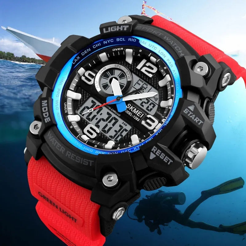 Sports waterproof electronic watch for men in black with silicone strap and plastic case