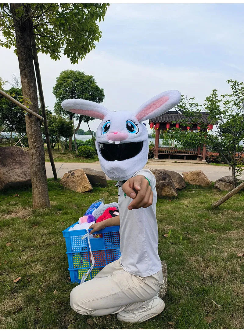 White rabbit head helmet cover for electric motorcycles with long ears and plush material