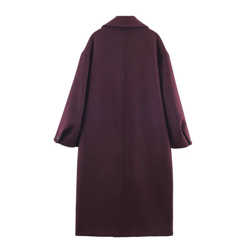 Women's loose slimming long overcoat in wine red colour with spandex stretch, front view