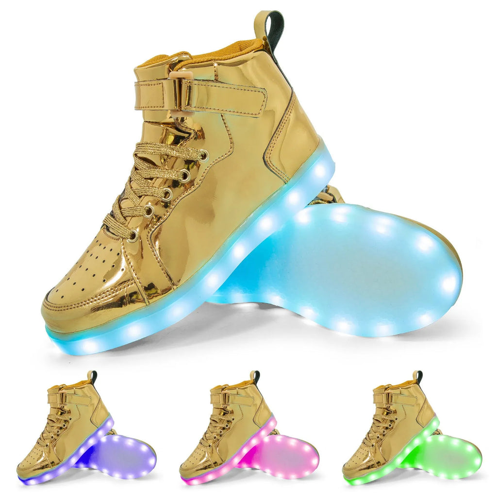 LED illuminated high-top board shoes with Velcro fastening in multiple colour options
