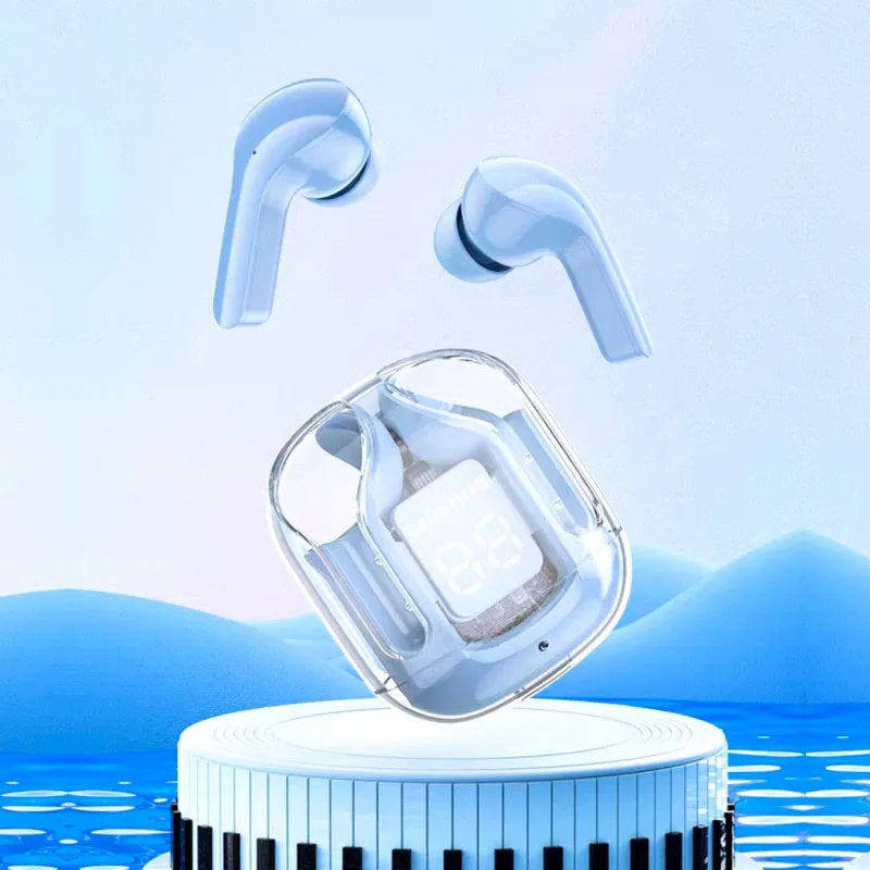 Transparent space capsule case containing true wireless Bluetooth earphones in various colour options