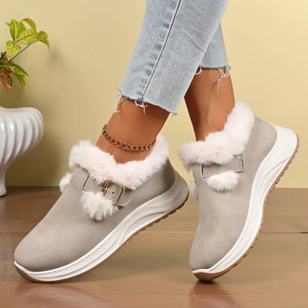 Winter women's slip-on platform fluffy cotton shoes in black with belt buckle detail