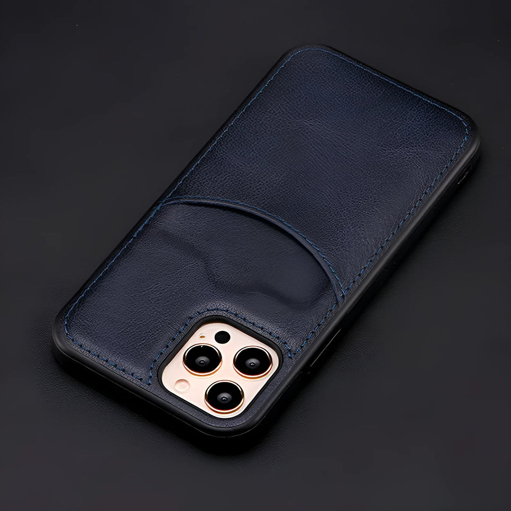 Dark blue PU leather protective case fitted on an iPhone showing textured finish and precise button cut-outs.