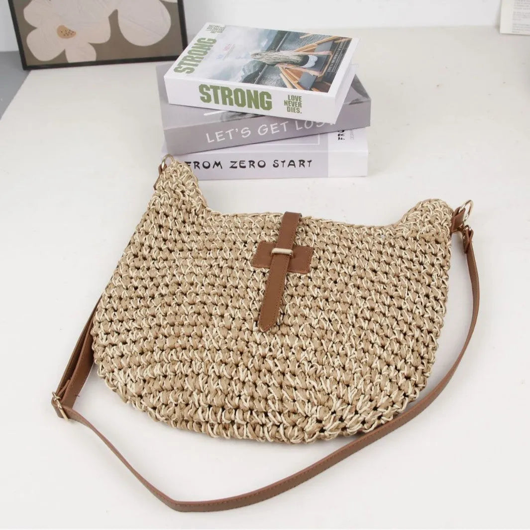 Handmade woven fashion bag with sandwich pocket construction in beige colour