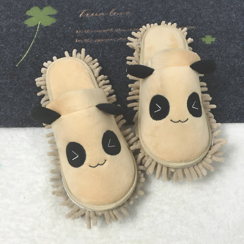 Brown animal print slippers with a removable panda face design on a coral fleece upper.