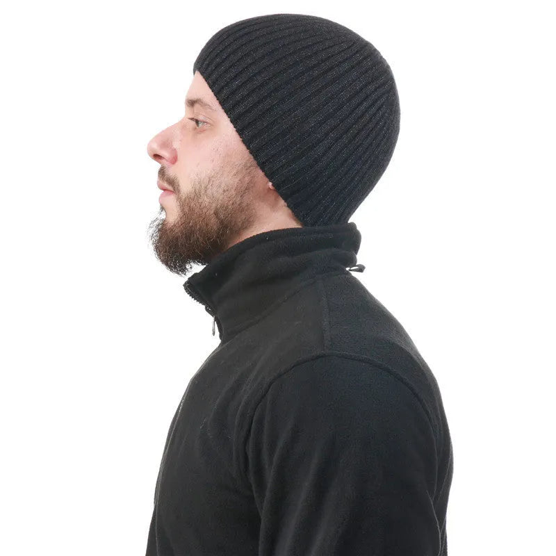 Men's warm acrylic knitted hat with conical crown and straight edge brim, average size, in black, gray, navy blue, army green, khaki, brown, wine red or white.