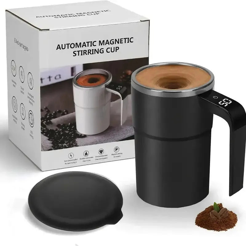 White automatic magnetic stirring mug with LCD display showing temperature reading