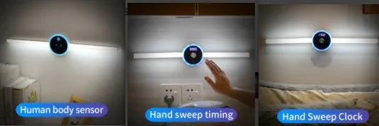 Smart cabinet light with clock, timer, and human body sensor, removable LED, 4000mAh battery