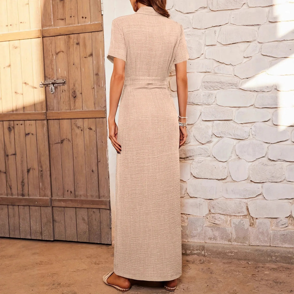 Women's lapel dress cardigan with button belt, high waist, long skirt, short sleeves, blue and apricot, S-XXL